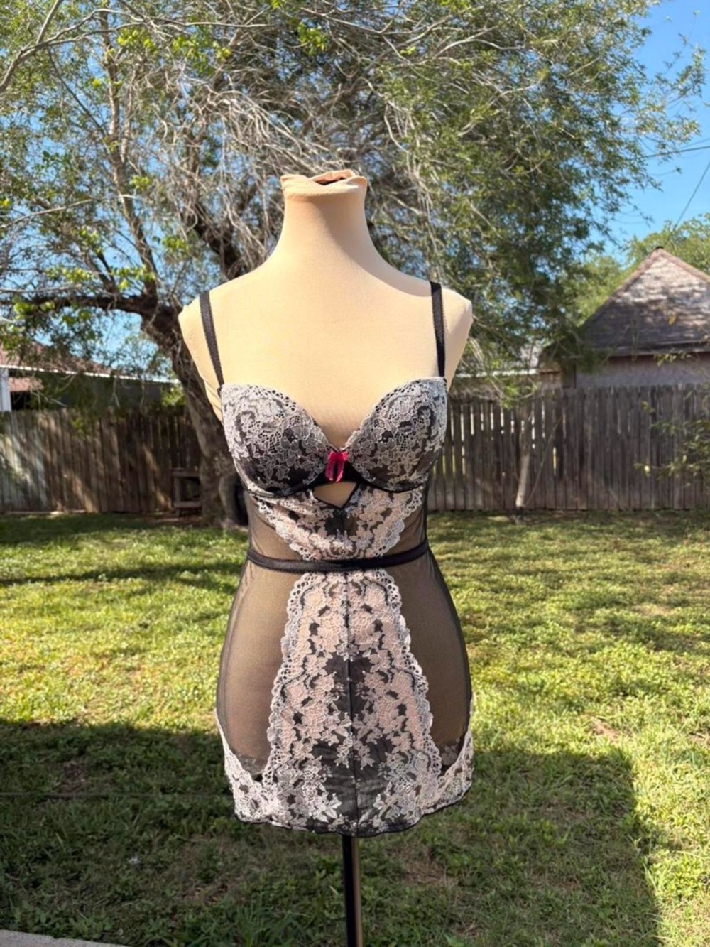 Victoria's Secret Black Chemise with Cream Lace & Pink Bow
